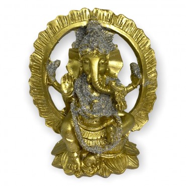 Escultura Ganesh no portal meditando 13 cm prata e dourado em resina