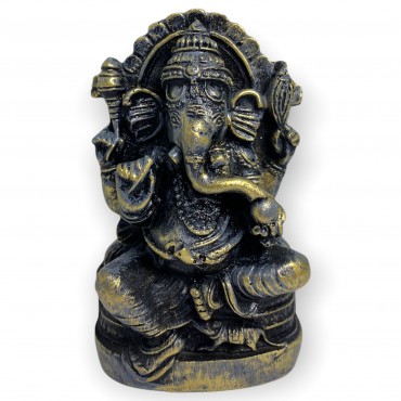 Escultura Ganesh meditando no trono 9 cm dourado envelhecido em resina