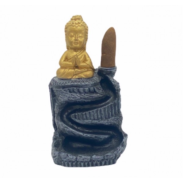 Incensário cascata Buda criança cinza com dourado 13 cm resina