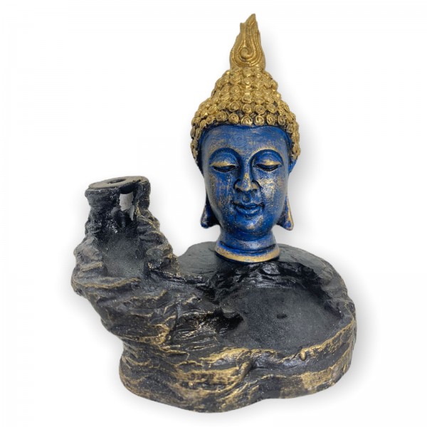 Incensário cascata Cabeça de buda azul 11 cm em resina - meditação