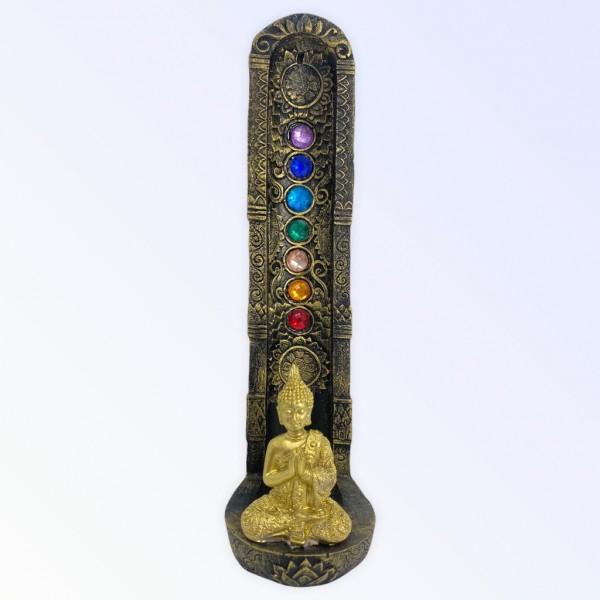 Incensário indiano dourado 7 chakras buda dourado 47161 vertical 22 cm em resina