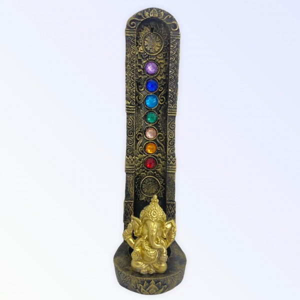 Incensário indiano dourado 7 chakras Ganesh dourado 47161 vertical 22 cm em resina
