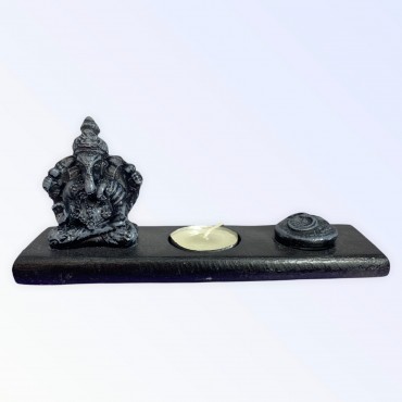 Incensário e porta vela Ganesha cinza 18 cm em resina