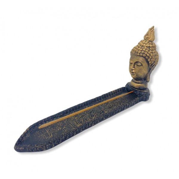 Incensário régua Buda cabeça canoa dourado patinado 23 cm em resina