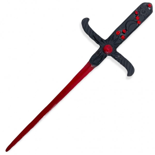 Punhal em metal cabo negro e lâmina vermelha 19 cm pedras vermelhas e estrass vermelhos