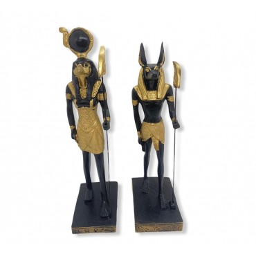 Kit com duas esculturas  Anúbis e Ra 25 cm  preto com dourado em resina 