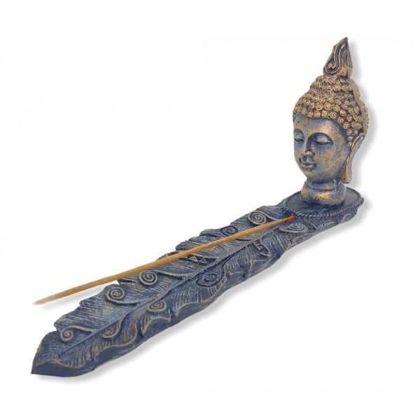 Incensário régua Buda cabeça folha azul escuro patinado 23 cm em resina