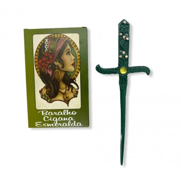 kit baralho tarot  cigana esmeralda e punhal verde com pedra amarela