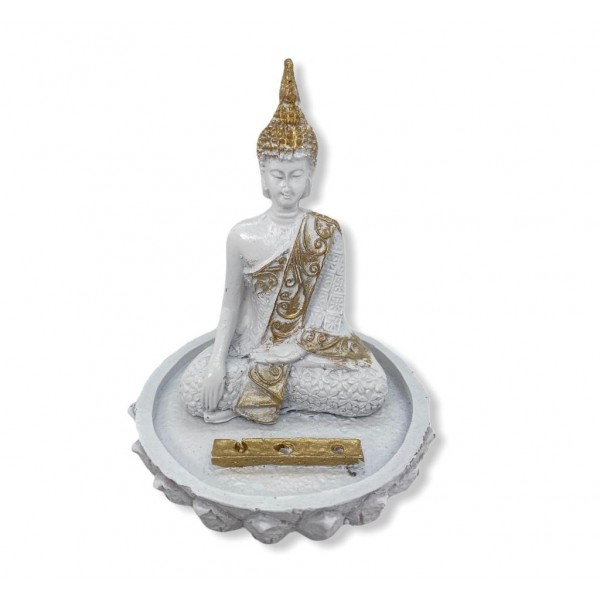 Incensário Buda tibetano branco meditando na Flor de Lotus 11 cm em resina