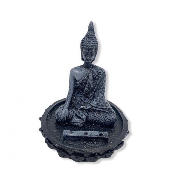 Incensário Buda tibetano preto meditando na Flor de Lotus 11 cm em resina