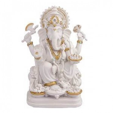 Ganesha Prosperidade 15 cm Branco com dourado em resina