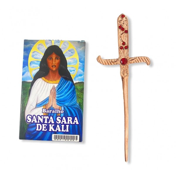 KIT Baralho Santa Sara de Kali 36 cartas Punhal 19 cm Metal Cobre com Brilho Pedra Vermelha 